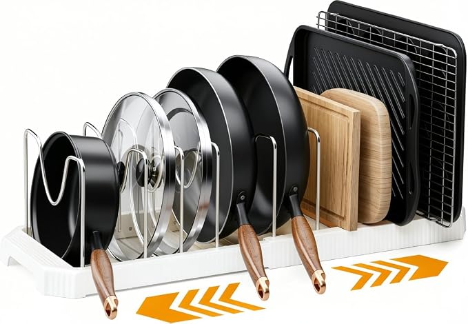 MUDEELA Pots and Pans Organizer under Cabinet, Pan Pot Organizer Inside Cabinet, Expandable 12.9''-21.88'' Pot Lid Organizer Holder with 10 Adjustable Dividers for Cutting Boards, Pan Lid Rack, White by MUDEELA