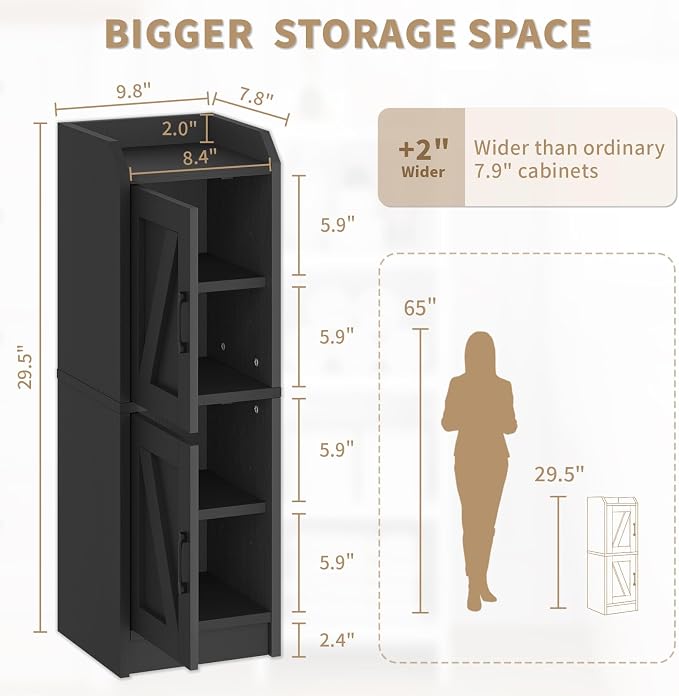Narrow Bathroom Storage Cabinet with 2 Doors and Shelves, 9.8" W Small Storage Cabinet for Toilet Paper Storage, Slim Cabinet for Small Spaces, Bathroom, Kitchen, 9.8" W × 7.9" D × 29.5" H, Black - Image 2