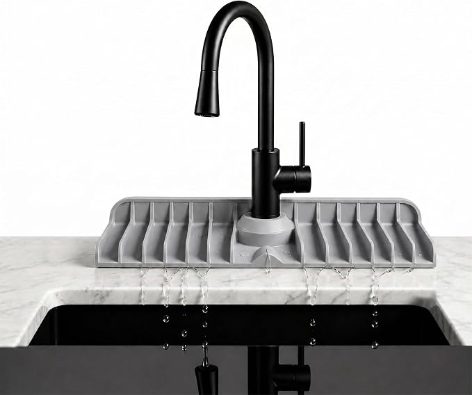 Premium Kitchen Sink Splash Guard – 16" x 5.7" Silicone Faucet Mat with Secure Pressure Clip, True 10° 3D Drainage(No Pooling), Anti-Lift Design, Flexible Leak-Sealing Ring, Non-Slip Fit Behind Faucet by Pilova