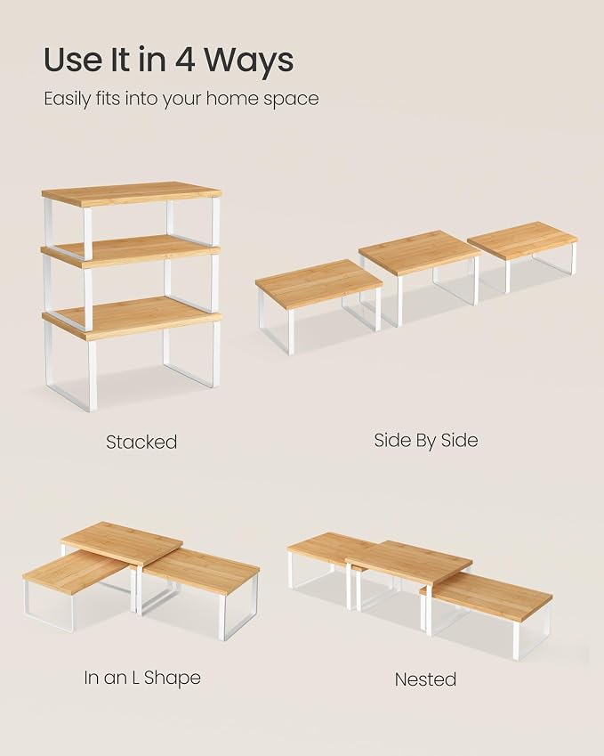 SONGMICS Cabinet Organizer Shelf, Set of 3 Spice Rack, Kitchen Storage | Kitchen Counter Shelves, Kitchen Storage, Spice Rack, Light Bamboo and Matte White, BYSTRO Collection UKCS014W01 - Image 6