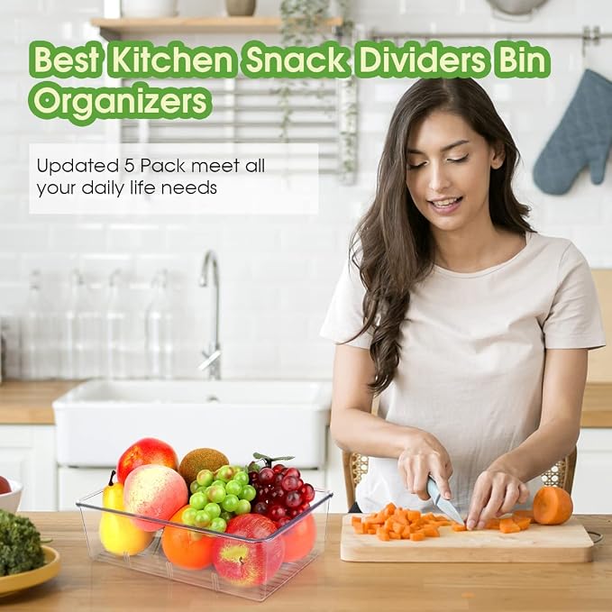 ZIZOTI Snack Organizer for Pantry Shelf, 2 Pack Clear Plastic Pantry Storage Bins with 3 Dividers for Snacks, Spices, Chips Food Organizer, Stackable Pantry Organizers for Kitchen, Fridge, Cabinet - Image 7