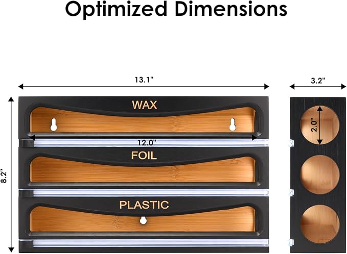Bamboo Wrap Dispenser with Cutter, Plastic Wrap Organizer, Aluminum Foil Organization, and Wax Paper Dispenser Holder for Kitchen Drawer and Wall, Compatible with 12" Roll (01 Black) - Image 5