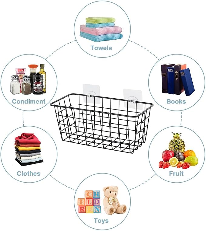JUNCHU CHERRY 5 Pack Hanging Storage Basket, Bathroom Basket, Household Goods, with Traceless Tape, no Drilling, for Cabinet Storage, Kitchen, Bathroom, Storage Room,Black - Image 2