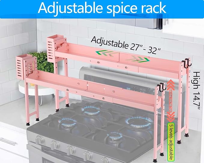 Horynar Stove Top Shelf with Extra Basket and Hooks Pink | Spice Rack Organizer Adjustable 27 to 32 Inches Over the Sink Spice Rack for Countertop (Pink) - Image 5