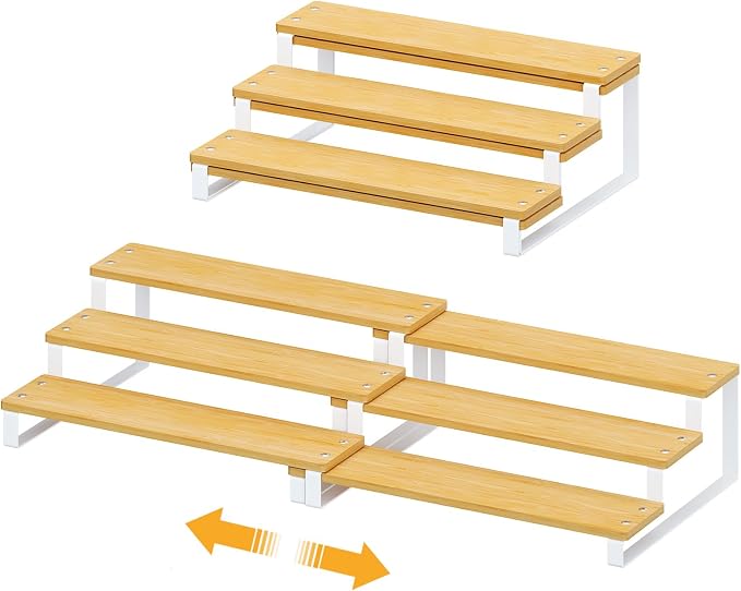3-Tier Expandable Bamboo & Iron Can Organizer, Holds 30 Cans, White | Adjustable Can Organizer Rack for Pantry & Cabinets, Easy-Access Storage for Soda & Soup Cans, Assembly Required, White by NuoyuanShen