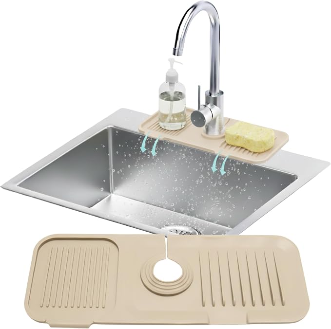 14.6” Silicone Faucet Mat For Kitchen Sink, Kitchen Sink Splash Guard Behind Faucet, Kitchen Faucet Mat For Kitchen Sink, Kitchen Sink Faucet Mat Splash Guard and Sink Water Splash Guard (Beige) by LindasEssentials