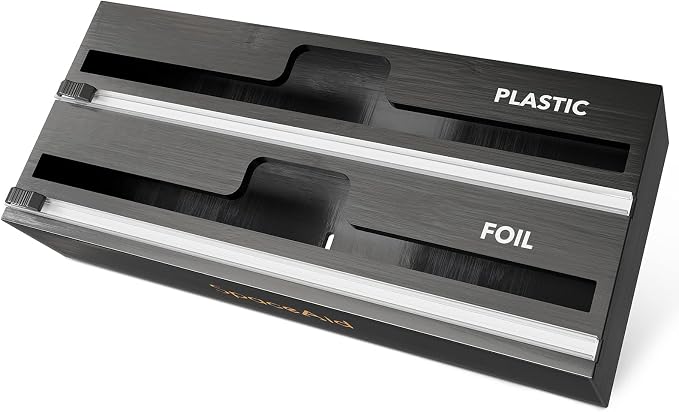 SpaceAid WrapNeat 2 in 1 Wrap Organizer with Cutter and Labels, Plastic Wrap, Aluminum Foil and Wax Bamboo Dispenser for Kitchen Storage Organization Holder for 12" Roll (Black) by SpaceAid