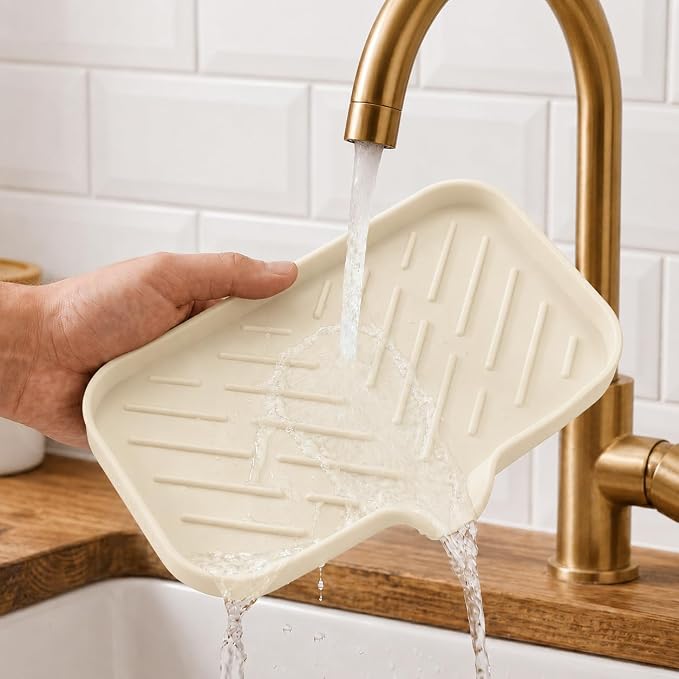 MicoYang Silicone Soap Dish with Drain Spout — Self-Draining Sink Organizer Tray for Bathroom & Kitchen, Sponges, Dispensers & Soap Holder, Non-Slip & Dishwasher Safe, Tapioca (Medium, 9.6"×5.3") - Image 9