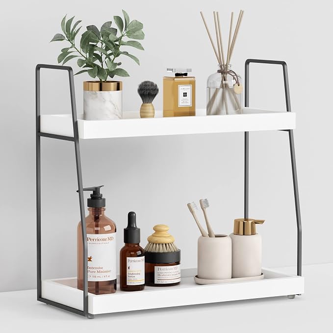 Forbena 2 Tier Bathroom Counter Organizer, White and Grey Coffee Bar Organizer for Countertop, Wood Shelf Tray for Vanity Makeup Storage, Small Kitchen Sink Top Organizers for Coffee Bar Station by Forbena