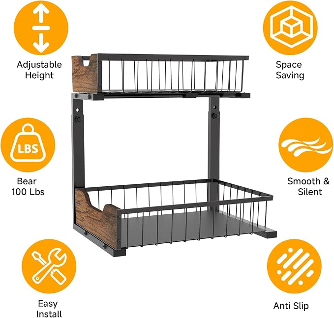 Pull Out Cabinet Organizer 2 Tier Metal Under Sink Organier | Shelf 5 Adjustable Height, Wood Handle, Anti Topple Over, Sturdy Slide out Storage Rack for Bathroom Kitchen Home Pantry - Image 3
