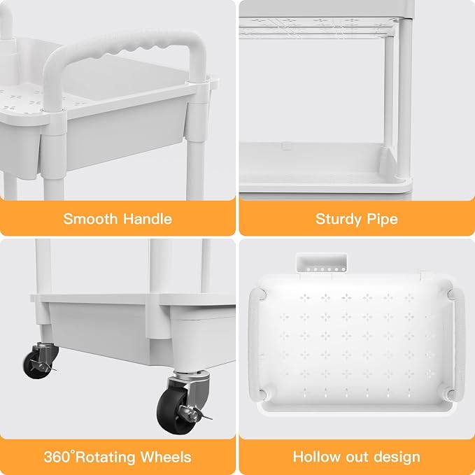 3 Tier Rolling Utility Cart with Handle,REBECAT Utility Cart Made of Multifunctional Storage Organizer Tool for Kitchen,Bathroom,Living Room,Office(White) - Image 2