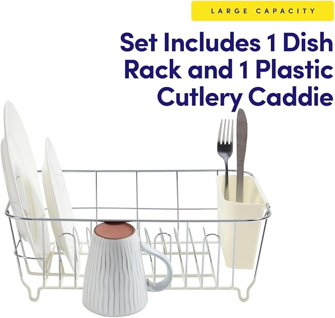 Dish Drying Rack & Cutlery Holder 2 Piece Set - Compact Sink-Fitting Dish Drainer with Rubberized Undercoating, Space-Saving Kitchen Organizer for Plates, Cups, Bowls & Utensils in Sink, Ivory - Image 3