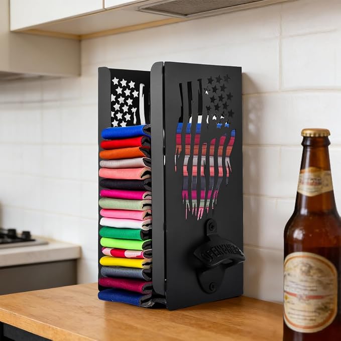 Can Cooler Holder with Bottle Opener, 2 in 1 Personalized Beer Can Sleeves Storage Organizer Wall Mount Beer Sleeves Organizer Dispenser for Home Family Bar Ideal Gift for Men Dad - Image 5
