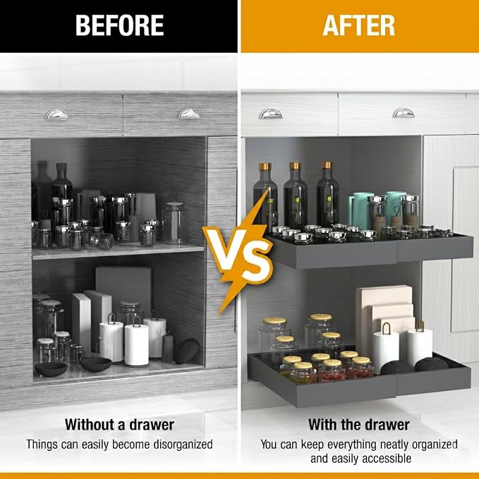 Expandable Pull Out Drawers for Cabinets(Gray) : Kitchen and Pantry Organizer, Sliding Cabinet Organizer with Adhesive, Under Sink and Pots Storage, Depth 16.5". expandable pull out cabinet organizer - Image 7