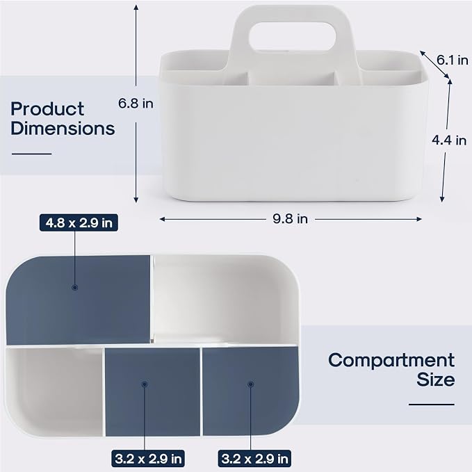 Multiuse Caddy Organizer with Handle, Portable Divided Plastic Tote Bin - Art Craft, Stationary Pen Marker Crayons, Makeup Hair Supplies Storage - Bathroom, Classroom, Dorm, Office, Desk Holder -White - Image 5