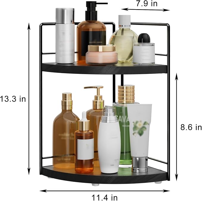 2 Pack Bathroom Counter Organizer,2 Tier Corner Bathroom Organizer | All in One Sturdy Easy Assembly Black Wooden vanity Organizer for Skincare Cosmetics Dresser Kitchen Storage and Organization - Image 3