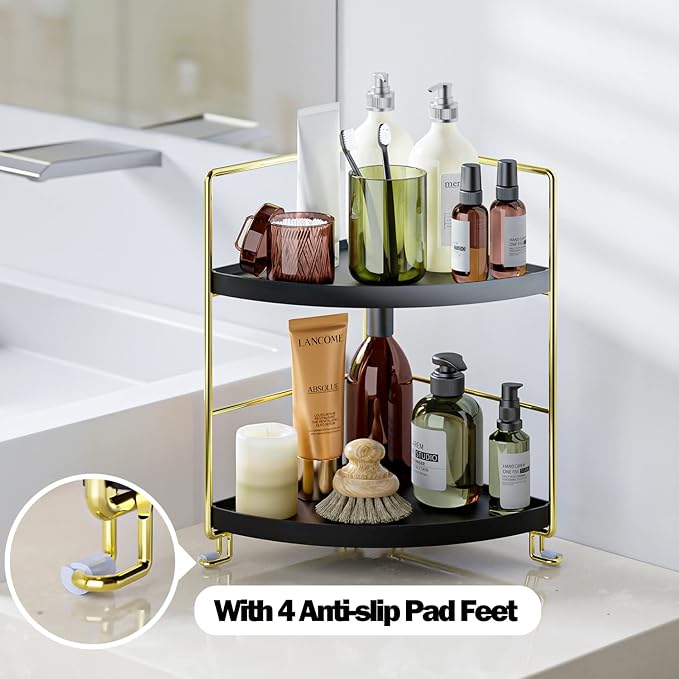KINGNERWI 2-Tier Bathroom Counter Organizer, Vanity Corner Shelf, Black | Makeup Skincare Storage Tray, Small Countertop Rack, Stores Cosmetics, Perfume, Seasoning, Fits Sink and Dresser - Image 4