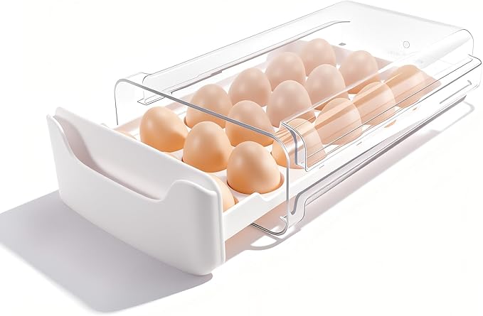 Egg-Holder for Fridge, Fits Small to Large Eggs, White | 18 Egg-Storage for Refrigerator Countertop, 1 Tier Dispenser with Drawer, Stackable Clear Egg Tray Container by Unknown
