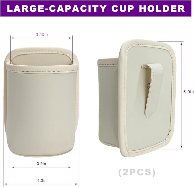 2 PCS Large Car Door Cup Holders, Clip On Beverage Drink Holder Vehicle Door Storage Organizer, Scratch-Resistant Leather Water Bottle Hanging Holder for SUV Sedan Truck (White) - Image 2