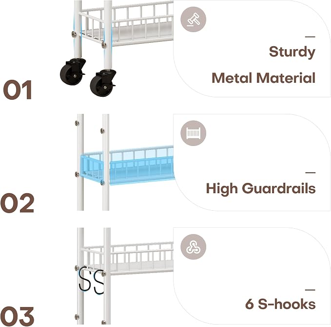 6 Tier Slim Rolling Storage Cart with Wheels, Metal Mobile Shelving Unit Organizer Utility Cart for Office Bathroom Kitchen Laundry Room Narrow Places (White 6 Inches) - Image 5