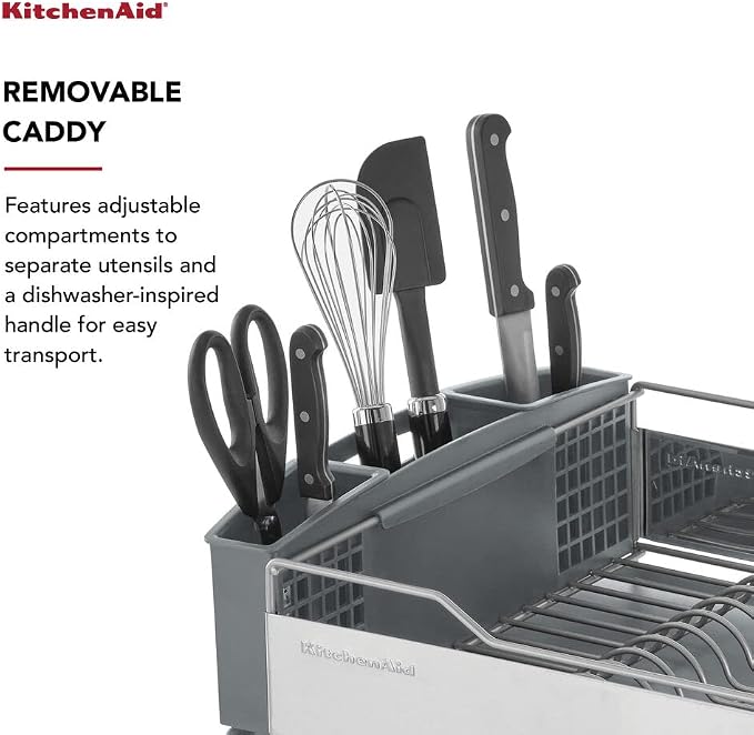 KitchenAid Large Capacity Full Size Rust Resistant Dish Rack with Angled Drain Board and Removable Flatware Caddy, Light Grey - Image 4