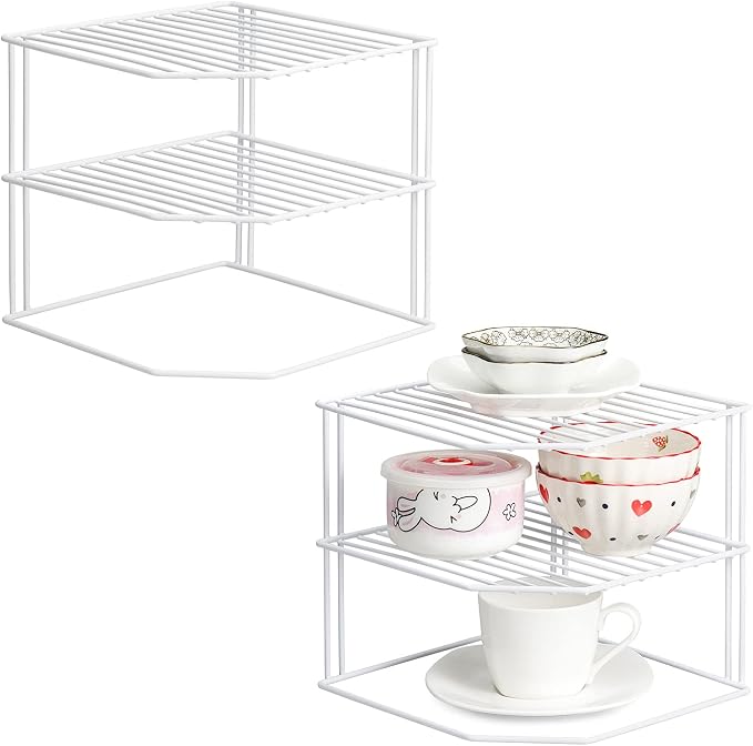 ROFAY Kitchen Cupboard Organiser, 3 Tier White Corner Plate Rack for Kitchen Cupboard Storage - Cupboard Shelf Insert Organiser (Pack of 2) by ROFAY