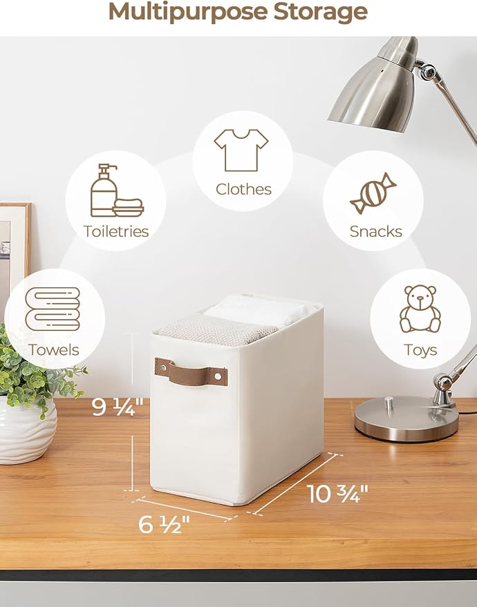 StorageWorks Narrow Storage Bins, Tall Storage Basket, Beige, 2-Pack | With Metal Frame, Sturdy Structure, PU Handles, Toilet Paper Storage, Small Storage Bins, For Bathroom, Closet, Shelf - Image 2