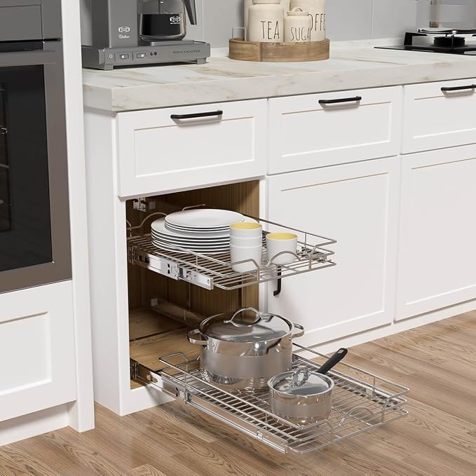 OCG 2 Tier Pull Out Cabinet Organizer (15.5" W x 21" D), Pull Out Drawers for Kitchen Cabinets, Pull Out Shelves for Base Cabinet Organization in Kitchen Bathroom Pantry, Chrome Finish - Image 3