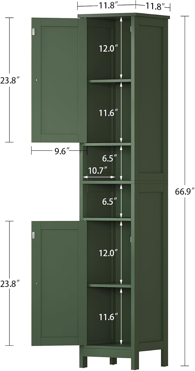 67" Tall Bathroom Cabinet with Adjustable Shelves and Doors, Narrow Bathroom Storage Cabinet for Small Space, Living Room, Entryway, Kitchen, Green - Image 3