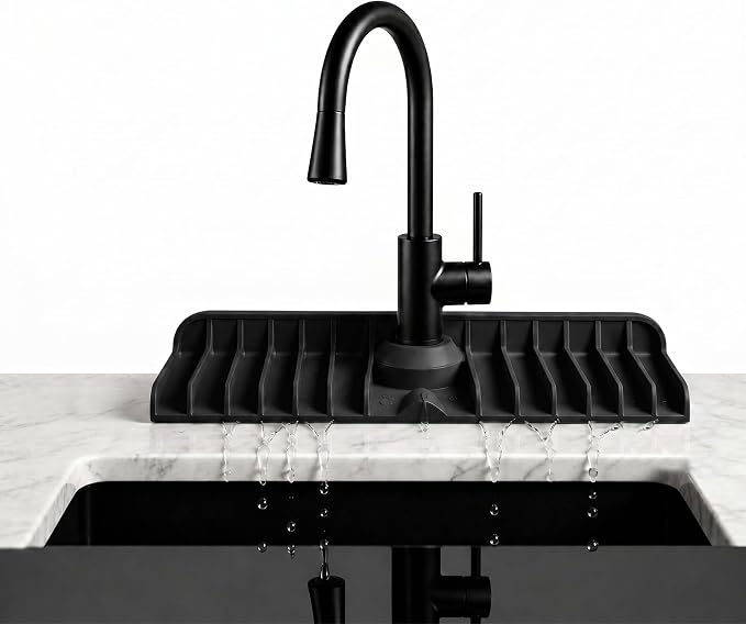 Premium Kitchen Sink Splash Guard – 18" x 5.7" Silicone Faucet Mat with Secure Pressure Clip, True 10° 3D Drainage(No Pooling), Anti-Lift Design, Flexible Leak-Sealing Ring, Non-Slip Fit Behind Faucet by Pilova
