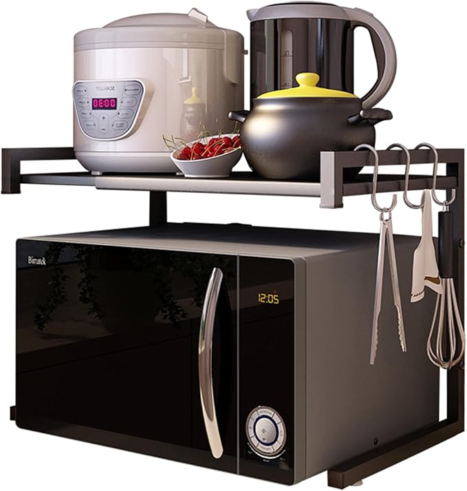 PUSDON Adjustable Carbon Steel Microwave Oven Rack, 2-Tier with 3 Hooks, 55lbs Weight Capacity, Black by PUSDON
