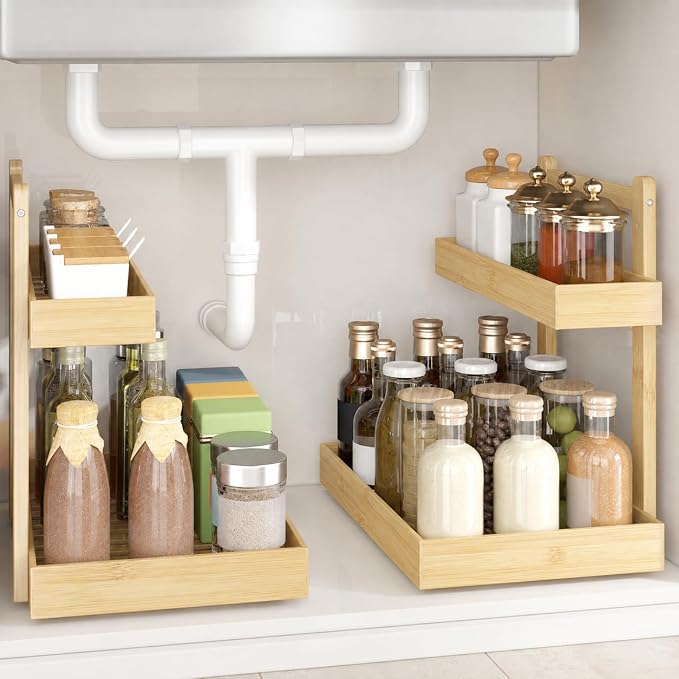 Bamboo Under Sink Organizer 2 Pack, 2-Tier Pull Out Cabinet Organizer | Kitchen Sink Organizer | Bathroom Cabinet Organizer | Cleaning Supply Storage | L-Shape | 3-Level Adjustable | Natural Bamboo by WisuceHome
