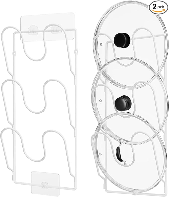 Pot Lid Organizer Rack for Cabinet Door, 2 Pack Pot Lid Holder White | 6-Tier Lid Racks for Cabinet Door/Wall, No Drilling Adhesive Mount, Rustproof, Fits Pot Pan Lid, Cutting Board & Cookie Sheet by ORDORA