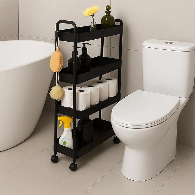 ShellKingdom 4 Tier Bathroom Storage Organizer, Slim Rolling Storage Cart | Storage Shelf for Narrow Space with Handle, Mobile Shelving Unit for Bathroom, Kitchen, Laundry (Black) by ShellKingdom