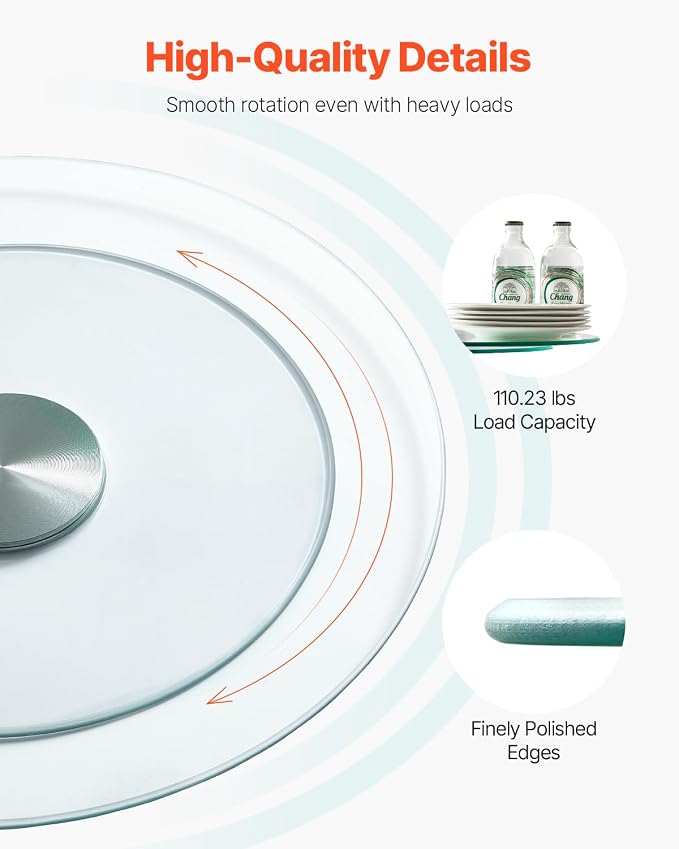 VEVOR 20 in Glass Lazy Susan Turntable, 360° Rotation Round Clear Tabletop Rotating Tray, Tempered Glass Dining Table Centerpiece, Smooth and Silent Spin, for Family Gatherings, Banquets & Weddings - Image 3