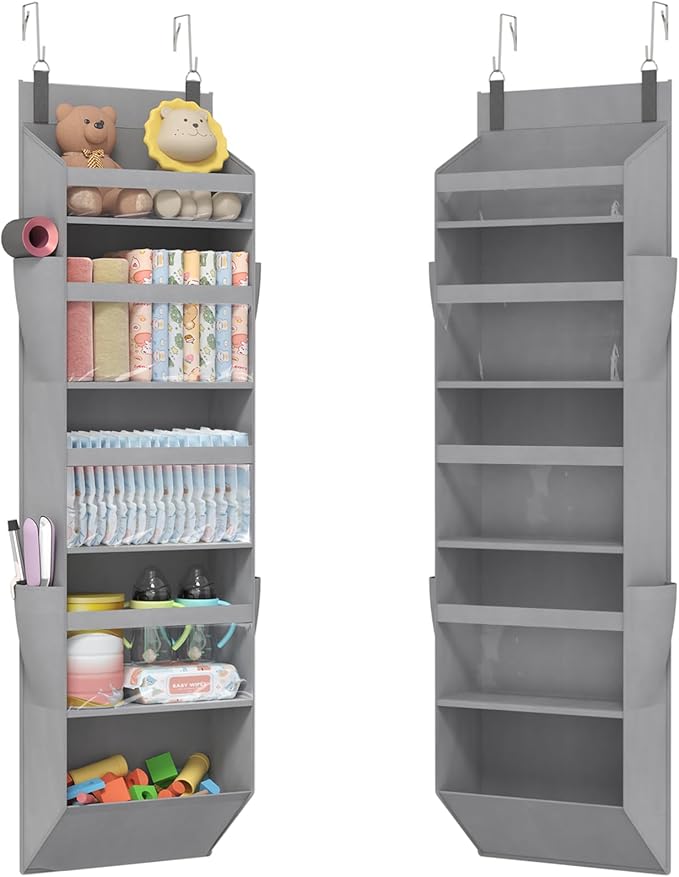 Lifewit 1 Pack Over the Door Organizer, Clear Window Hanging Storage with 4 Side Pockets, Anti Tilt 40 lbs Load Behind Door for Pantry, Nursery, Bathroom, Bedroom, Dorm, 5 Section, Gray by Lifewit