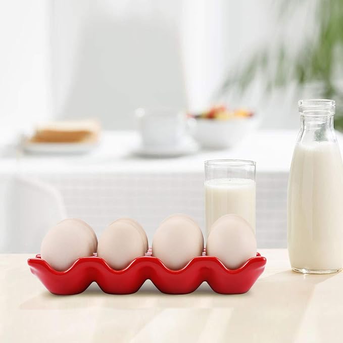Flexzion Ceramic Egg Holder for Fridge - 12 Cups Egg Tray Whole Dozen Porcelain Container Keeper Storage Organizer Decorative Serving Stand Serveware for Countertop Display Kitchen (Red) - Image 4