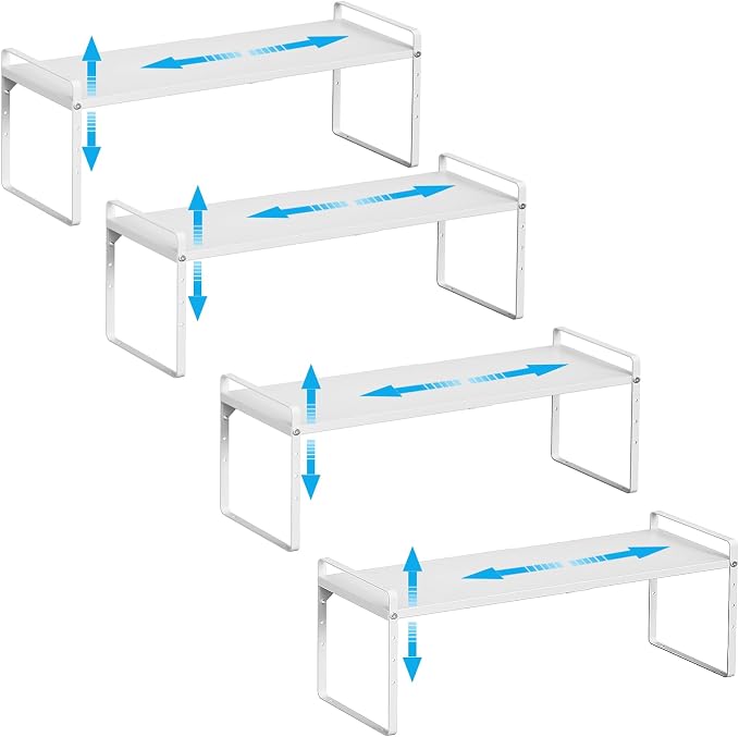 15.5 to 25.5 Inch Kitchen Cabinet Shelf Organizers，Kitchen Shelf Organizer | Adjustable Counter Organizer, Set of 4 Expandable Countertop Storage Shelves, Stackable Design, 30LBS Heavy Duty, Space Saver by X-cosrack