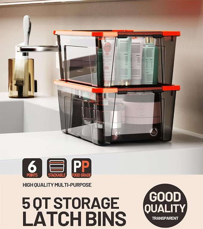 WYT 5-Quart Small Storage Container Bin with Orange Secure Lid and Black Clear Latch Buckles, Durable Plastic Stackable Nestable Organizin, 6-Pack - Image 5