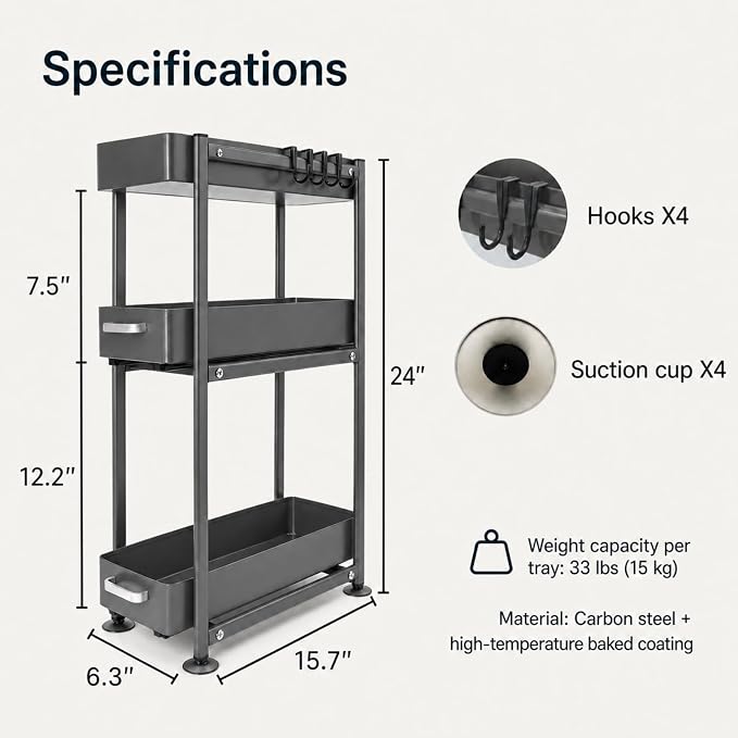 3-Tier Countertop Organizer, Pull Out Spice Rack, Transforming a Cramped, Unusable Space Into a Storage Area, With Suction Cup Feet and 4 Hooks, For Tall Bottles, Condiments and Spices - Image 3