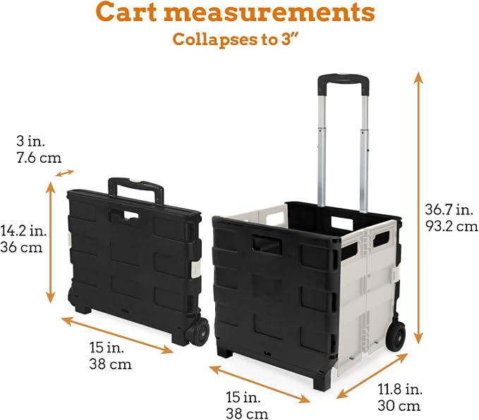 Inspired Living Ultra-Slim Rolling Collapsible Storage Pack-N-Roll Utility-carts, with Telescopic Handle, for Home, Garden, Shopping, Office, School use, Medium, White & Black - Image 2