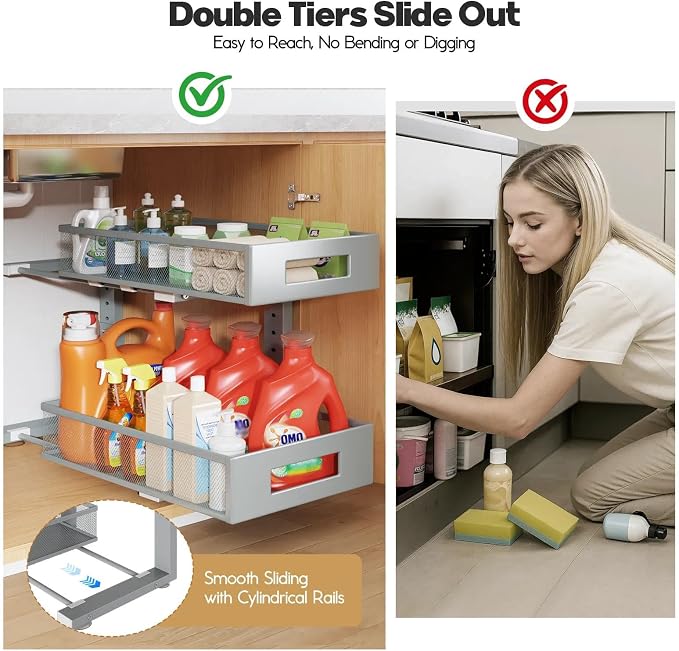 1 Pack 17IN Depth Under Sink Organizer, 2-Tier Pull Out Cabinet Organizer With Smooth Circular Rail, Large Capacity Metal Mesh Sliding Drawers For Bathroom& Kitchen Storage,Height Adjustable-Gun Gray - Image 7