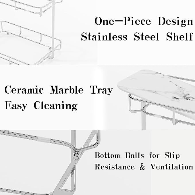 Bathroom Organizer Countertop Perfume Organizer Makeup Organizer Cosmetics Storage Display Rack Vanity Tray Dresser Stainless Steel Gold Shelf White Marble Ceramic Tray - Image 5