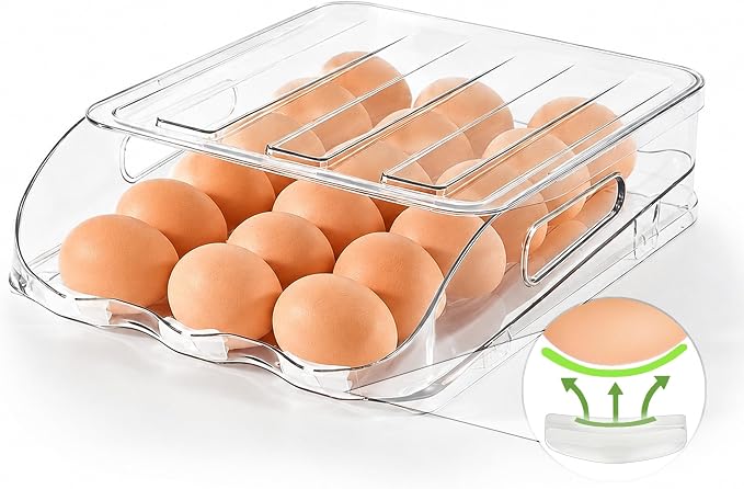 SMRCAD 18-Egg Dispenser with Silicone Bumpers, Auto-Rolling, Stackable | BPA-free food-grade PET | Stackable with lid | Built-in handle | 11.92"L x 8.85"W x 2.9"H | Hand wash only by SMRCAD