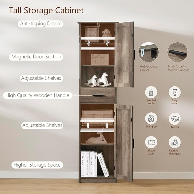 usikey 67'' Tall Storage Cabinet, Narrow Bathroom Floor Storage Cabinet with 4 Shelves & 2 Doors, for Bathroom, Living Room, Rustic Gray - Image 5