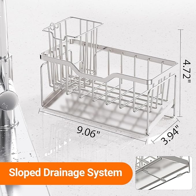 StorageRight Sponge Holder for Kitchen Sink, Sink Caddy Organizer, Silver | Rustproof Kitchen Sink Organizers with High Brush Holder & Self Drain Tray, Anti-Slip Kitchen Countertop Storage Essentials - Image 5