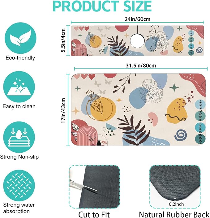 Dish Drying Mat for Kitchen Counter Matt, 2PCS 31.5"x17" Dish Drainer Mat & 24"x5.5" Sink Splash Guard, Super Absorbent Non-slip Rubber Backed - Image 2