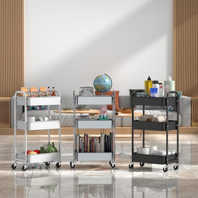 MAX Houser 3-Tier Rolling Utility Cart with Caster Wheels,Easy Assembly, for Kitchen, Bathroom (Silvery-Grey) (Pack of 3) - Image 7