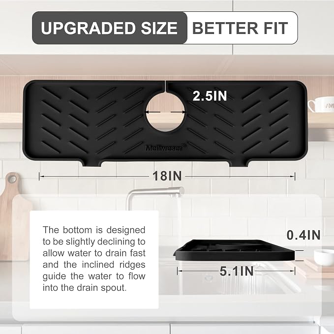 Silicone Faucet Mat for Kitchen Sink – Gen 2 Splash Guard with Upgraded Outlet & Slope – 18” x 5.1” Water Catcher & Sink Sponge Holder for Kitchen and Bathroom (Black) - Image 2