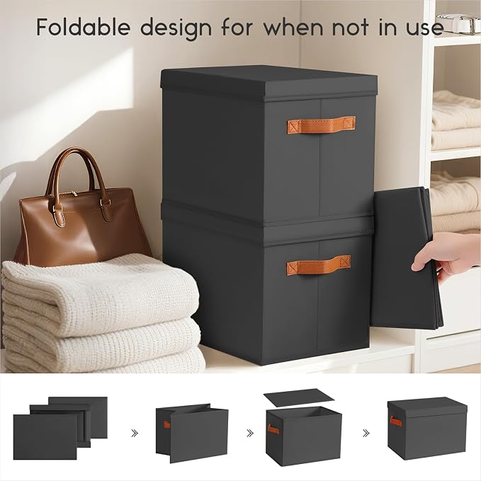 Storage Bins with Lids - Fabric Storage Baskets for Shelves, 4 Pack Foldable Decorative Boxes with Handles, Stackable Organizer Bins for Home, Nursery, Dorm, Black - Image 3